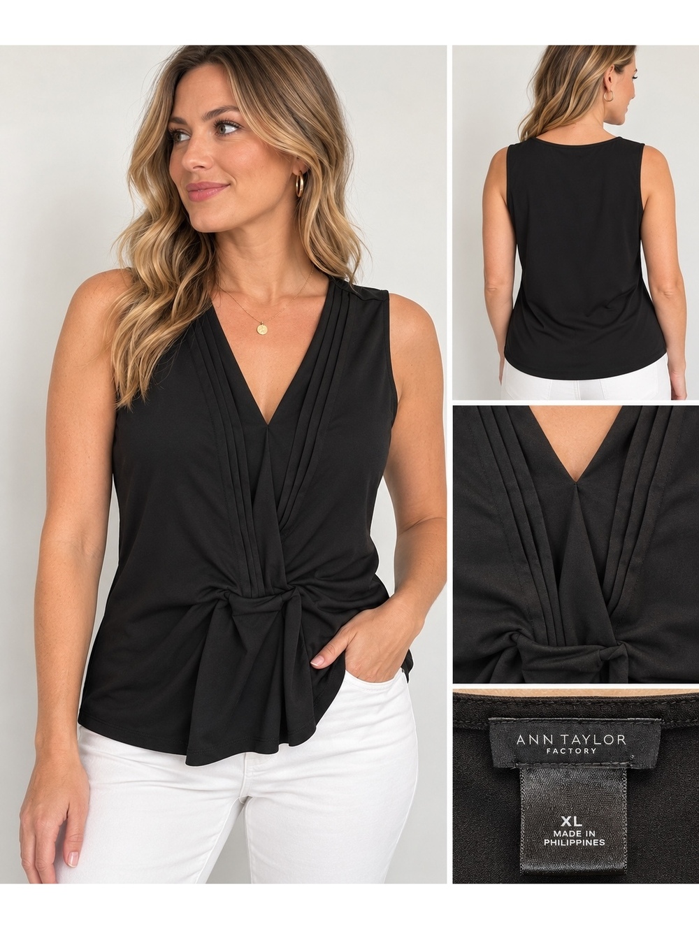 Ann Taylor Factory Women’s XL Black Sleeveless Tie Front V Neck Blouse Top